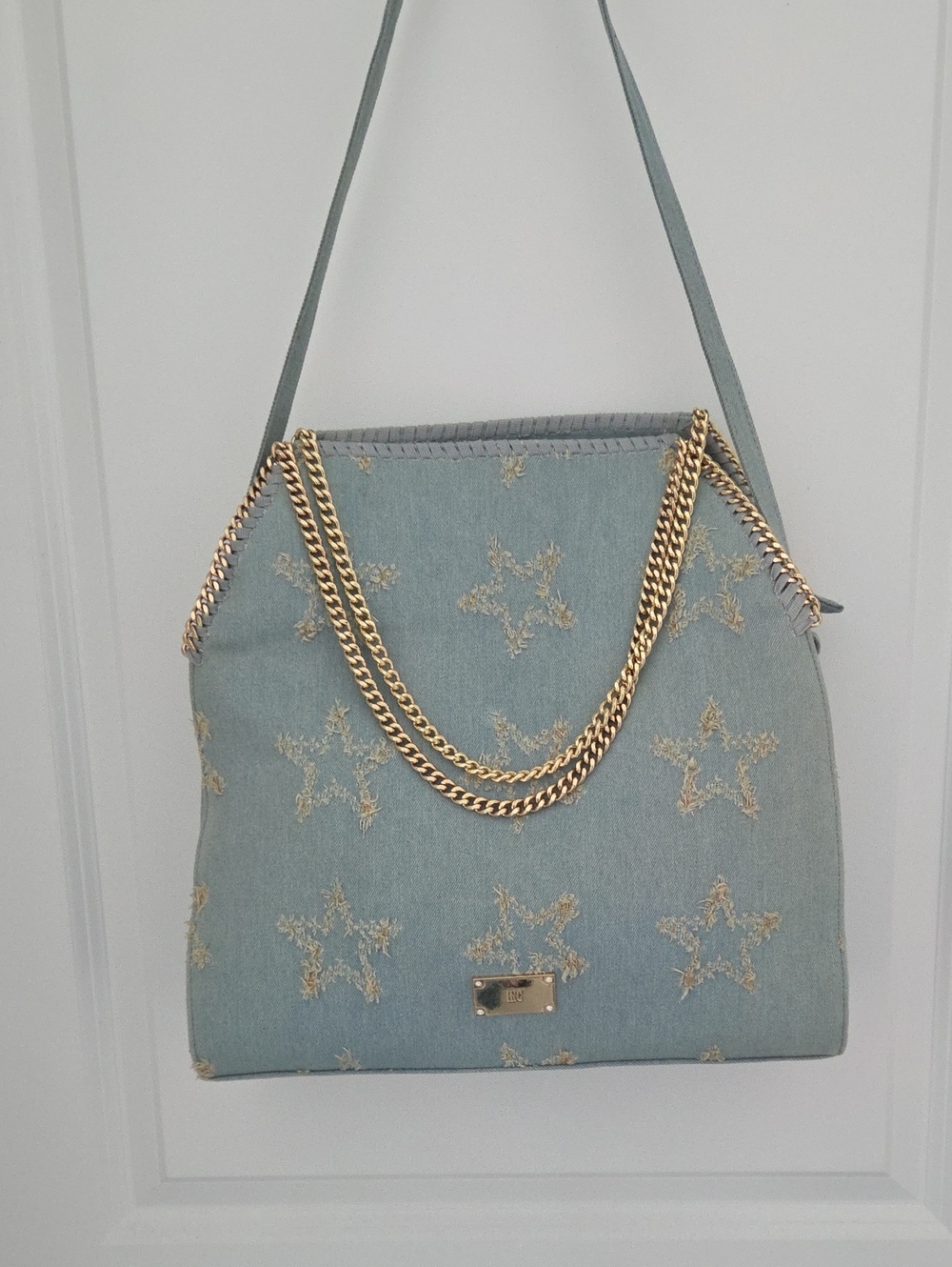 Light Blue Denim Star Embroidered Shoulder Bag with Gold Chain